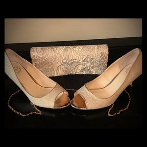 Gold 2 inch heels with matching purse